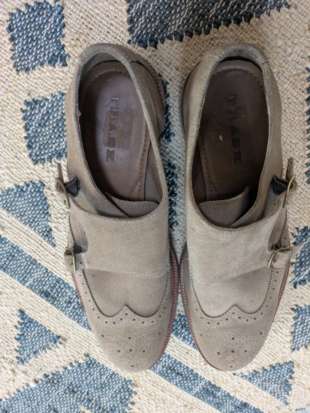 Trask taupe suede double monk strap wingtip shoes Size 10 Men's.
